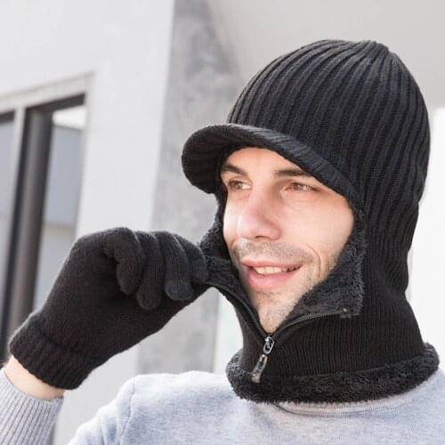 Autumn Winter Knitted Hat Mens Males Females Womens Ladys Outdoor Pullover Cap Plus Woolen Cap Hat Two Pieces In One Gloves