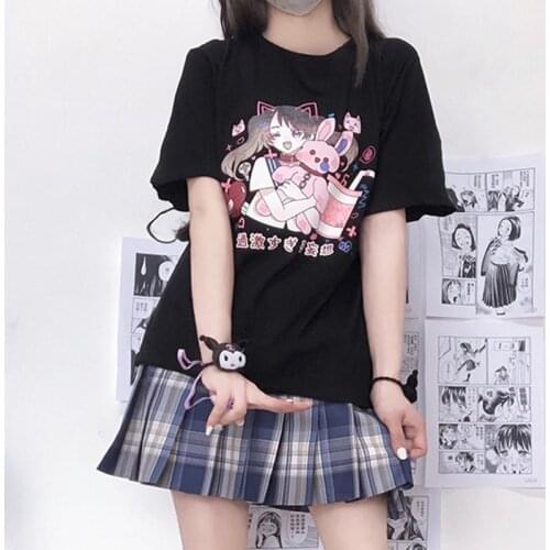 Summer Gothic Punk Hip Hop Y2K Loose Women T-Shirt Punk Dark Grunge Streetwear Tops Harajuku Anime Print Vintage Black Clothes