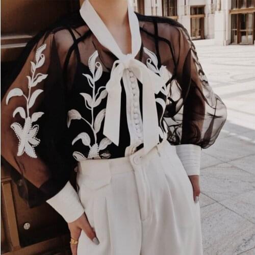 Spring Shirts Women Transparent Lace Embroidery Single Breasted Vintage Palace Style Lantern Long Sleeve Tops