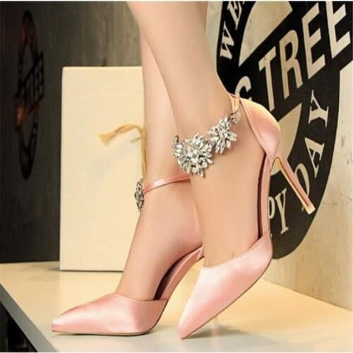 Elegant Stone Stilettos Women Pumps FLOW Pointed Wedding Shoes Female Buckle Rope Crystal Party Shoes Ladies