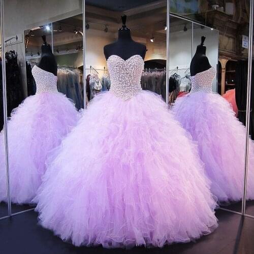 Lavender Quinceanera Dresses Ball Gown Corset Crystals Pearls Ruffles Tulle 2020 Lace Up Back Sweetheart Dresses