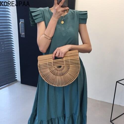 Korejpaa Women Dress 2021 Summer Korean Chic Elegant Round Neck Organ Side Stitching Loose Hem Ruffled Flying Sleeve Vestidos