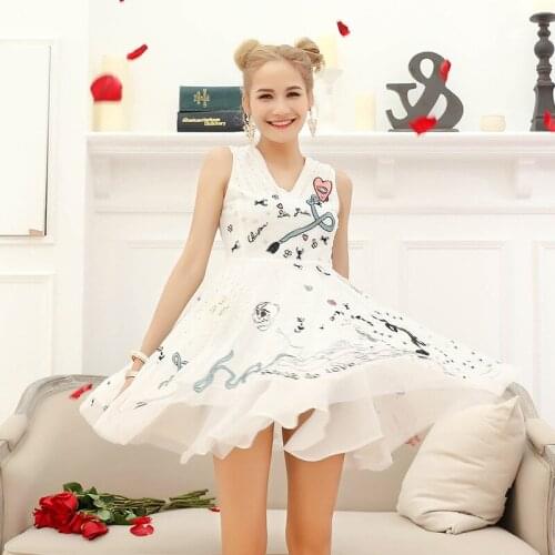 Female summer chiffon New dress sleeveless v-neck embroidered A word E0628 cultivate morality show thin