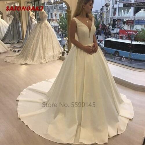 Simple Satin Wedding Dress Deep V-Neck Sleeveless Lace-Up Back Court Train Bridal Gown Vestido De Novia 2020 Robe Mariage Online