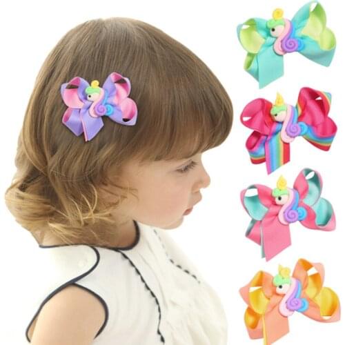 1 Pieces Cute Unicorn Bowknot Rainbow Hairpins Color Baby Girl Infant Hair Accessories Clothes Clips Headwear