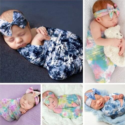 2 Pcs/set Baby Receiving Blanket Bowknot Headband New Gradient Color Tie-dye printing Infant Swaddle Wrap Towel Photo Props