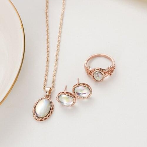 3Pcs/set Women Jewelry Set Female Gold Color Luxury Opal Ring Stud Earrings Pendant Necklace Wedding Jewelry Set Gift Accessory