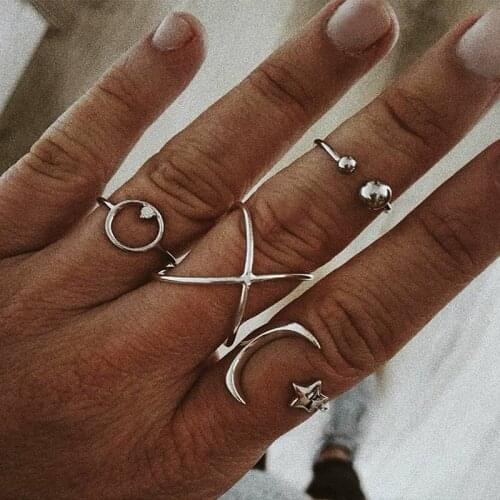 4 Pcs/Set Female Rings Bohemian Star Moon Adjustable Open Ring Crystal Silver Color Ring Set Female Wedding Party Jewelry