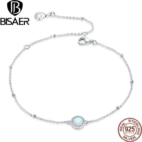 BISAER Chain Bracelets 100% 925 Sterling Silver Gorgeous Opal Chain Women Bracelets Lobster Clasp Sterling Silver Jewelry EFB054