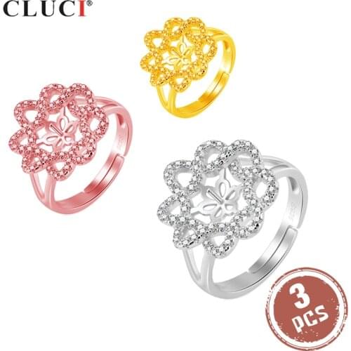 CLUCI 3pcs Silver 925 Ring Women Jewelry Pearl Ring Mounting 925 Sterling Silver Adjustable Open Ring Flower Ring SR2143SB
