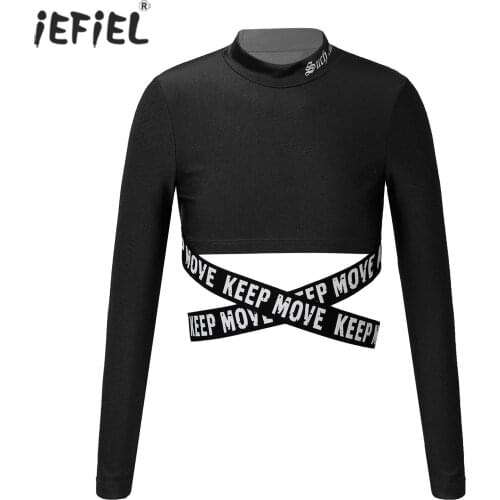 Kids Dancewear Long Sleeves Crop Top Kids Girls Sports Outfits T-Shirts Mock Neck Short Crop Tops Workout Stage Performance