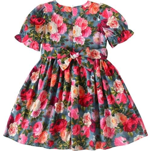 Breathable Children Round Collar Dress Summer Little Girls Creative Floral Printing Short Sleeve Princess Skirt With Belt
