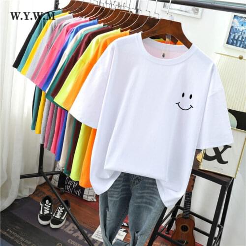 WYWM Summer Simple Cartoon Printed Tshirts Women Harajuku Oversized Cute Smile Graphic Tee Casual Short Sleeve Woman Clothing