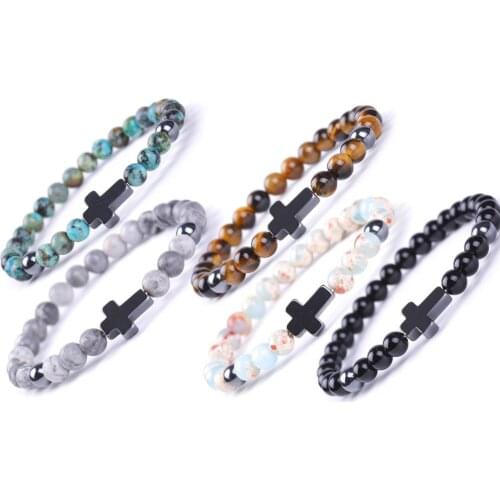 6mm Stone Chakras Beads Bracelet Cross Charms Buddha Prayer Elastic Bracelet Men Pulseira Masculina Bracelet Jewelry