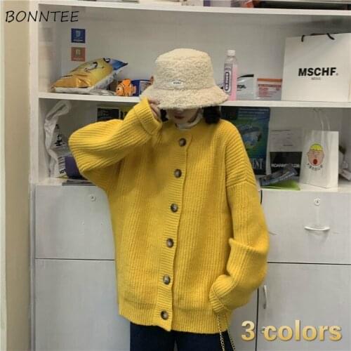 Cardigan Women Outerwear Thicker Knit Sweater Female Cute Chic O-Neck Vintage All-match Single Breasted Solid Loose Retro Tender