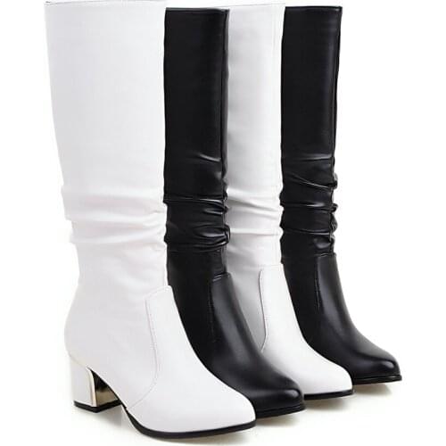 Classic Woman Pleated Boots Fashion Winter Square Heel Knee-High Boots Sexy Thigh High Boots Ladies Long Boots Party Dress Shoes