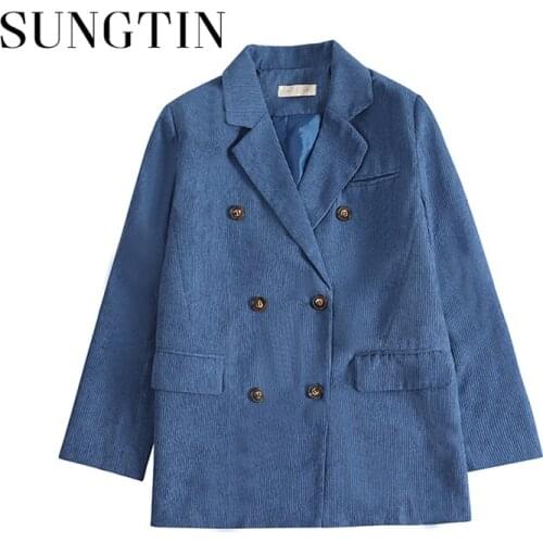 Sungtin 5 Color Korean Office Lady White Oversize Blazer Women Jacket Corduroy Blue Double Breasted Vintage Casual Blazers Retro