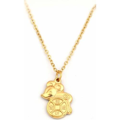 RIR Cute Fortune Mouse Pendant Small Zodiac Mouse Gold Coin Necklace Chinese Culture Zodiac Charm Jewelry