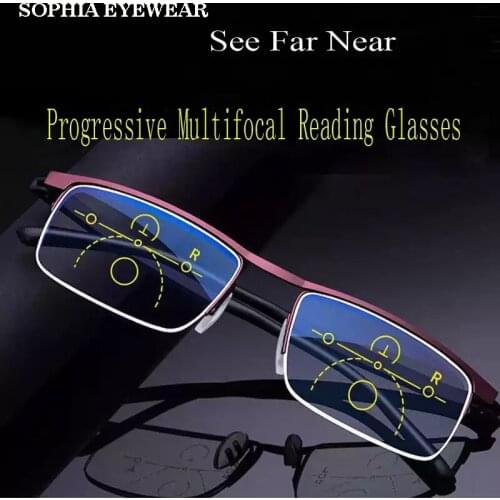 SophiaProgressive Multifocal Reading Glasses Half Frame Metal Presbyopic Eyewear Anti Blue Ray Square Magnifying Eyeglaases+2+3