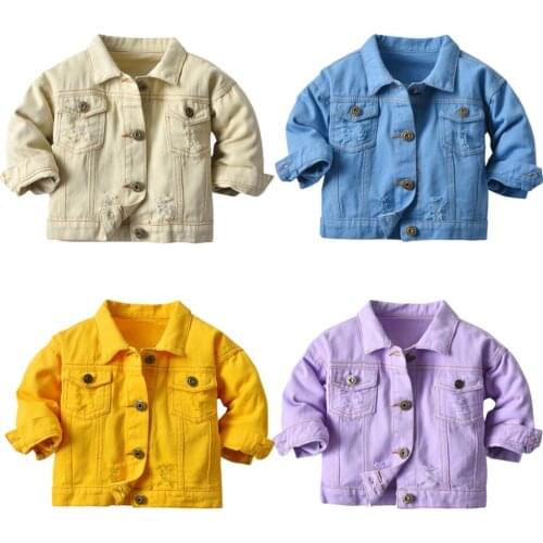 Fashion Kids Girls Casual Candy Color Breaken Denim Jacket Children Boys Trench Coat Toddler Holes Outerwear Cowboy Clothing