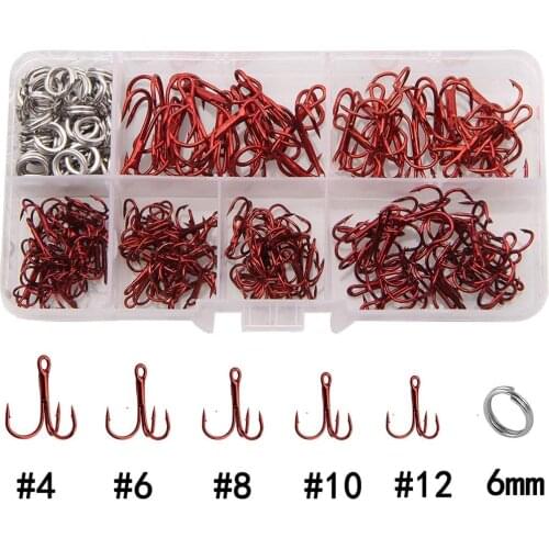 180pcs/box Fishing Treble Hooks Kit High Carbon Steel Hooks Sharp Round Bend Treble Hooks Strong Barbed Hooks With Split Rings