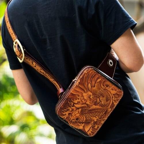 Handmade Bolsos Vegetable Tanned Leather Shoulder Bags Cowhide Hand-carved Carp Bags Genuine Leather Hand Bag