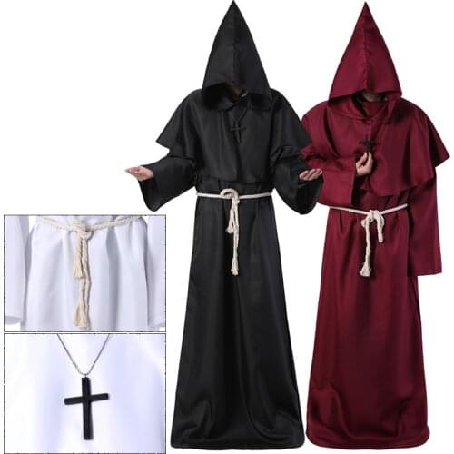 New Wizard Costume Halloween Cosplay Costume Medieval Hooded Robe Monk Friar Robe Priest Costume Ancient Clothing Christian Suit