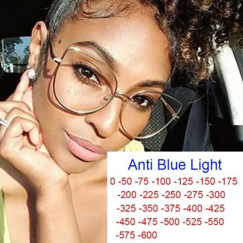 Retro Anti-Blue Radiation Myopia Glass Women Metal Oversized Cat Eye Frame Fashion Blue Light Blocking Glasses Diopter 0 to -6.0