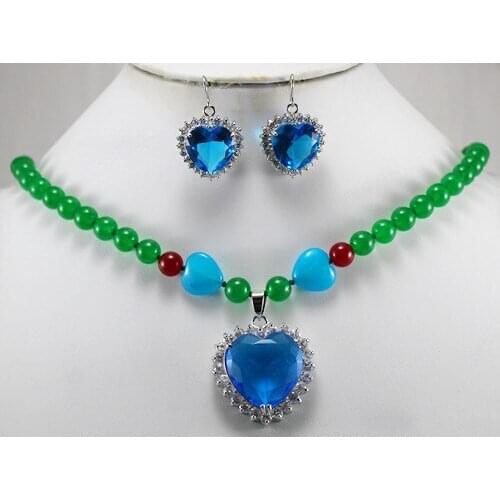 8MM Green/blue Jadestone necklace Sky Blue crystal Pendant Drop earring Jades Jewelry set