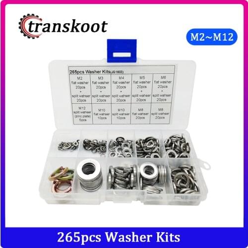 265pcs Stainless Steel Flat Washer + Carbon Steel Split Washer Aossortment Kits