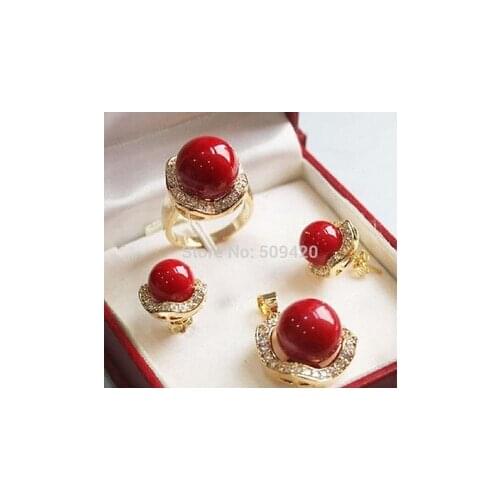 10mm 14mm Coral Red South sea Shell Pearl Earrings Ring Necklace Pendant Set