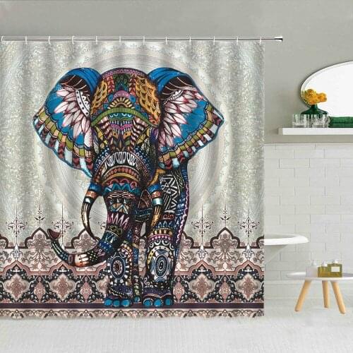 African Wild Animal Elephant Shower Curtain Bohemian Pattern Sunset Landscape Bathroom Supplies Fabric Hanging Curtains Washable