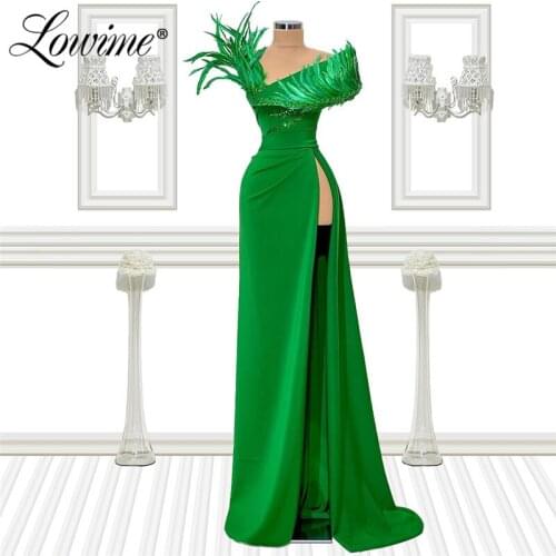 Green Party Dress Feather Applique Long Prom Dresses 2021 Plus Size Customized Mermaid Formal Women Evening Gowns Robes Vestidos
