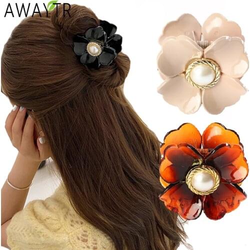 AWAYTR Flowers Pearls Hair Claws Crabs Clips Solid Color Hair Clamps Ponytail Barrettes For Women Hair Accessories Headdress
