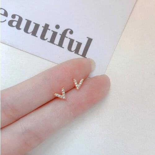 DAIWUJAN Gold Color Crystal Stud Earrings For Women 925 Sterling Silver Cute Small V Geometric Earrings Korean Brincos Jewelry