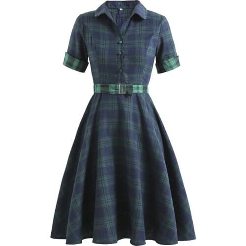 Women Vintage 1950s Classic Retro Plaid Cocktail Swing Dress Ladies Elegant Party Holiday Gown Dress