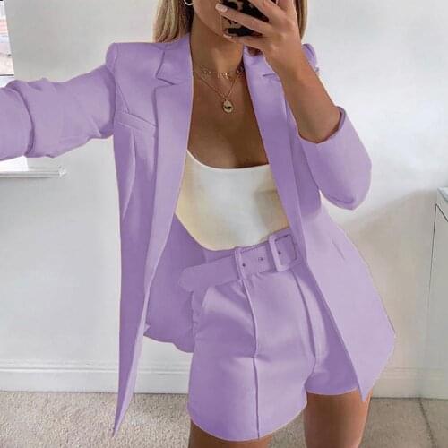 ORIYA Women Short Sets Autumn long sleeve cardigan Blazer shorts solid 2 piece set Lady Casual Short Suits With Belt Streetwear