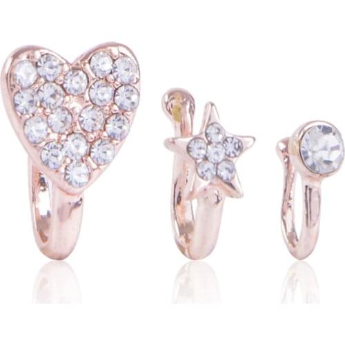 Hot Sale Crystal Rose Gold Star Nose Ring Heart Body Piercing Fake Septum Rings & Studs Pentagram Ear Clip Non Piercing Jewelry