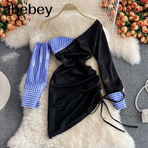 2021 New Spring Autumn Korean skew collar long sleeve Dress one side off shoulder drawstring bandage high waist short Dress