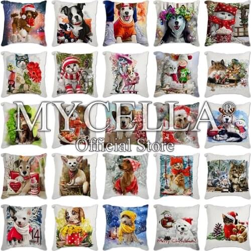 1Pcs Christmas Cat dog Snowflake Pattern 45*45cm Polyester Cushion Cover Decorative Sofa Home Car Decor Pillowcover Throw Covers