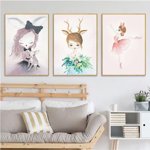 Fantasy Cartoon Rabbit Fairy Hanging Painting Unicorn Swan Childrens Room Kindergarten Decoration Canvas Painting Wall Art