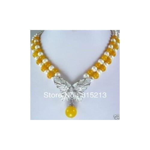 Hot selling> HOT159 yellow stone & white pearl butterfly button necklace -Bride jewelry free shipping