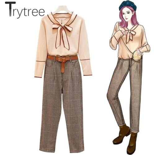 Trytree Autumn Winter Women Casual Two piece Set Bow Slim fit Tops + Pants Plaid Pockets Fashion Office Lady Set 2 Piece Set