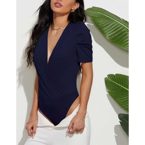 Summer Sexy Bodysuit Women Fashion Deep V-neck Short Sleeve Pleated Slim Bottoming Female Streetwear Skinny Clothing