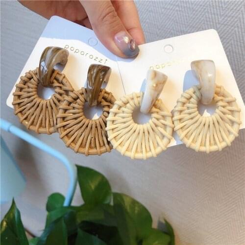 Summer Bohemia Simple Beige Brown Bamboo weave Statement Drop Earrings For Women Fashion Geometric Dangle Earring bijoux brincos