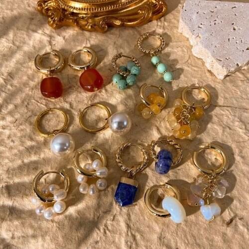 New 2021 Retro Natural Irregular Freshwater Pearls Opal Brass Metal Circle Drop Earrings Hoop for Women Girls Travel Jewelry