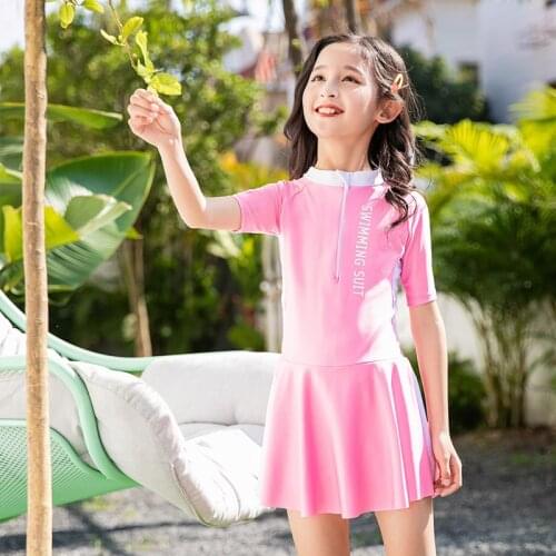 2021 New Girls Sunscreen Swimwear Training for Older Children and Children Swimming Short-sleeved Boxer Quick-drying Swimwear