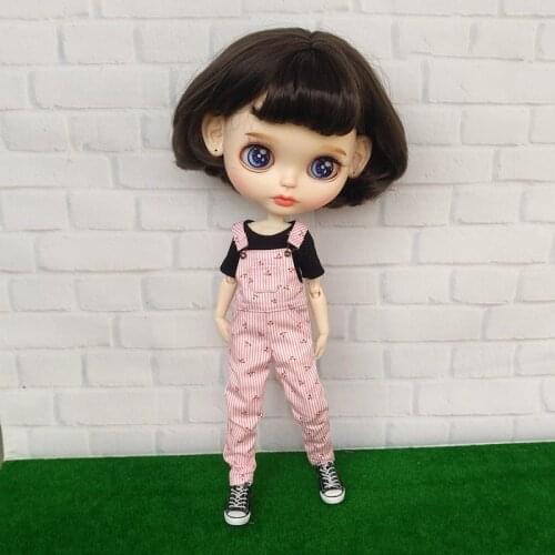 New Blyth Doll Clothes Flower Pink Stripe Bib Overalls Pants/T-shirt for OB24, Azone, Barbies, Blyth 1/6 Dolls Accessories