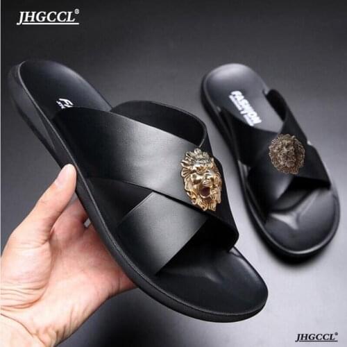 New mens slippers cowhide flip-flops casual beach shoes designer slippers flip-flops outdoor casual slippers P31
