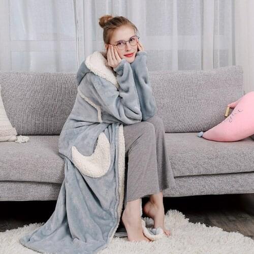 Autumn Winter Long Warm Thicken Hooded Bathrobe Flannel Soft Fluffy Loose Female Pajamas Nightdress Bath Robes Home Clothes